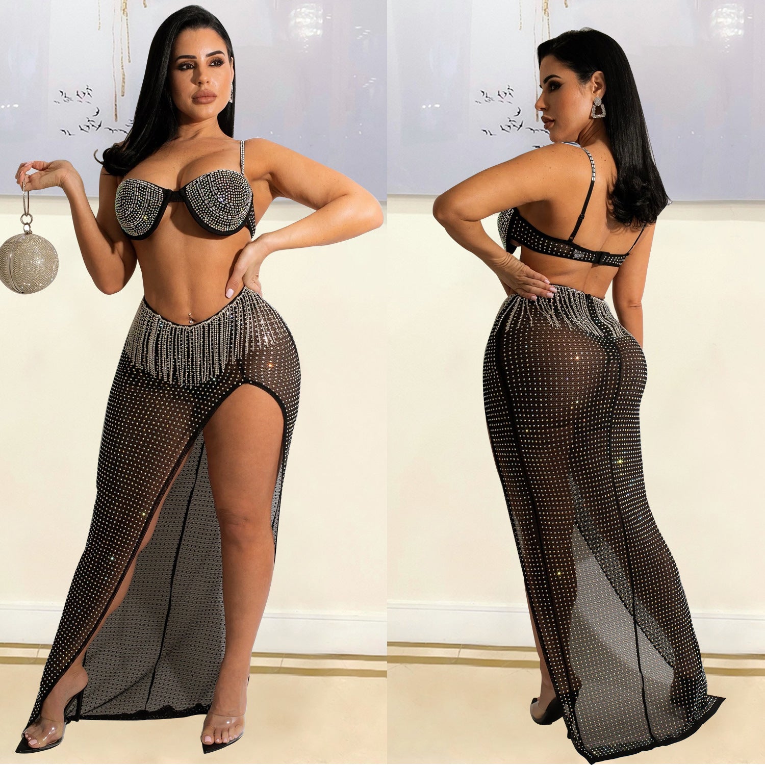 Women's Mesh Rhinestone Tassel Dress