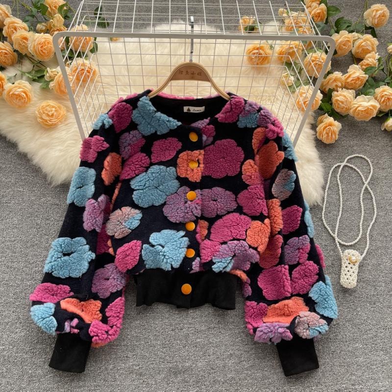 Retro Three-dimensional Flower Temperament Slim Single-breasted Cardigan Short Jacket Jumper Women