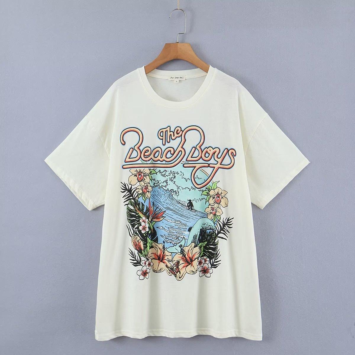 Summer Neckline Color Matching Letters Seaside Landscape Coconut Print Loose Short Sleeve T shirt for Women