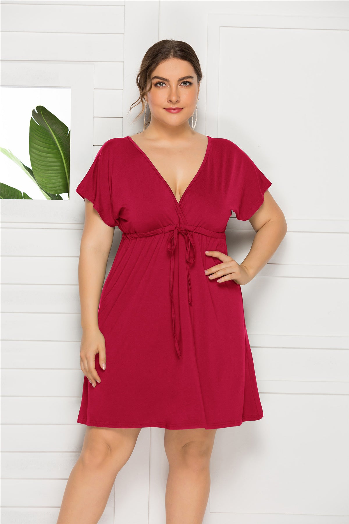 Plus Size Sexy Solid Color Sleeveless Deep V Plunge neck Elastic Waist Dress Women Dressing Gown