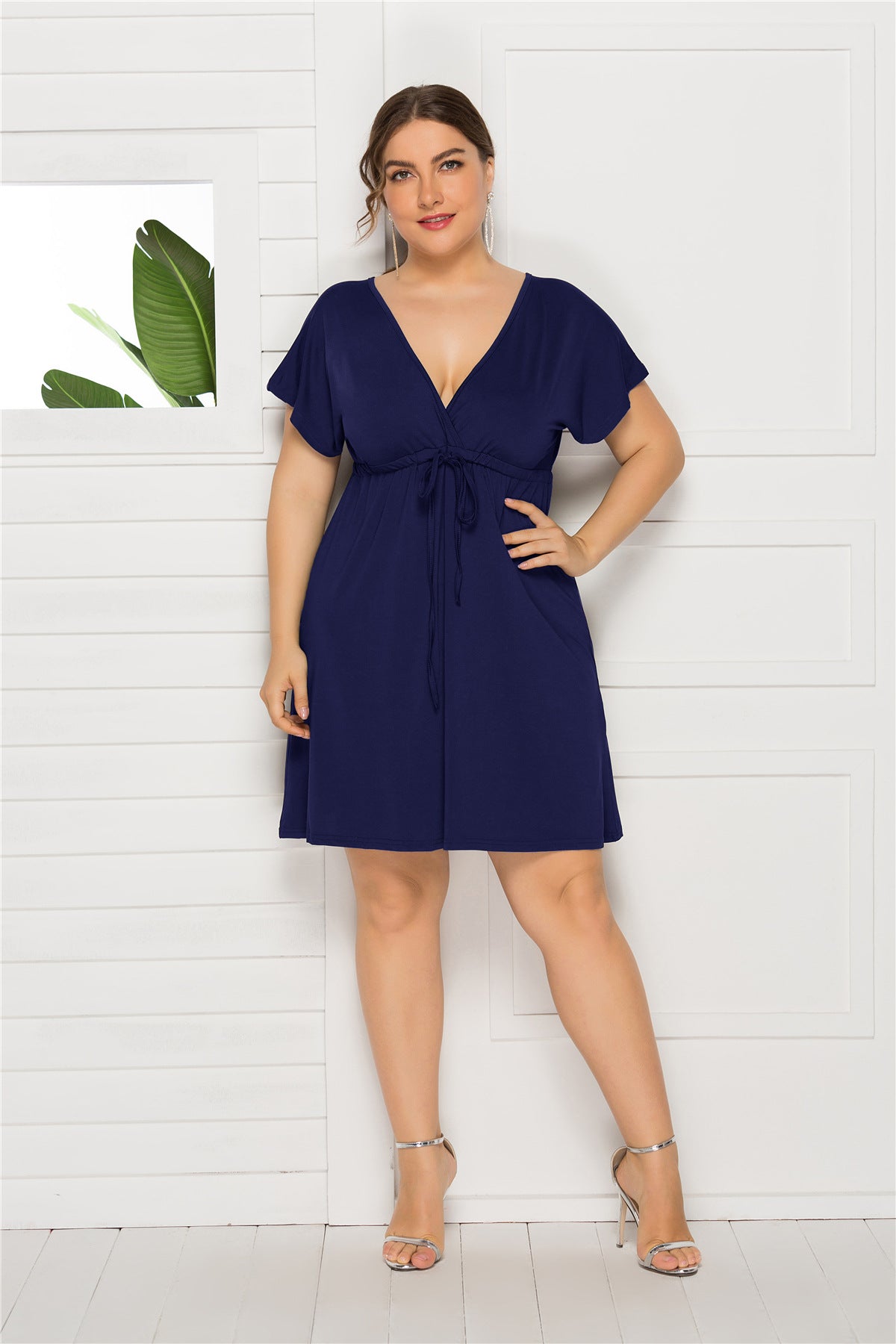 Plus Size Sexy Solid Color Sleeveless Deep V Plunge neck Elastic Waist Dress Women Dressing Gown
