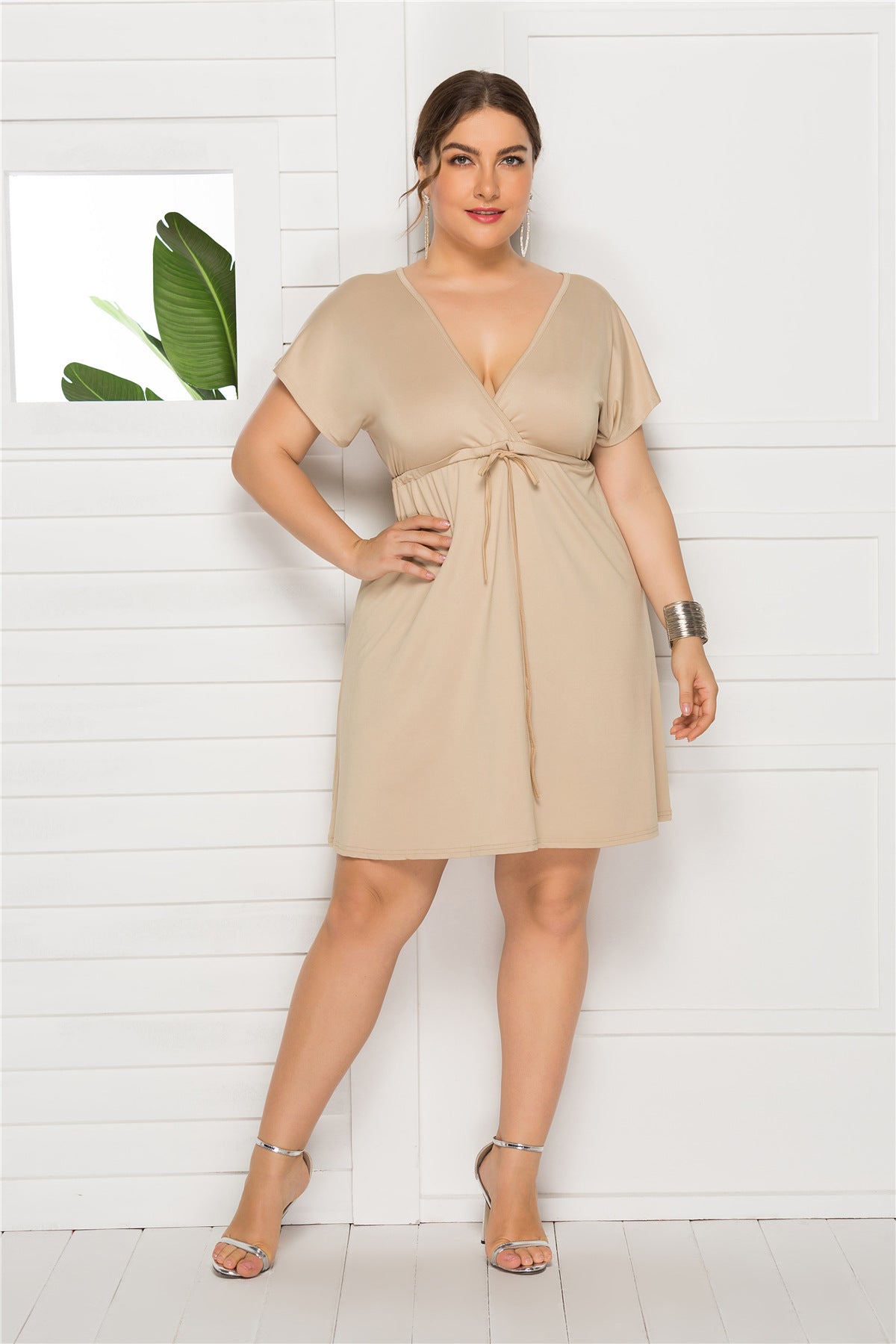 Plus Size Sexy Solid Color Sleeveless Deep V Plunge neck Elastic Waist Dress Women Dressing Gown