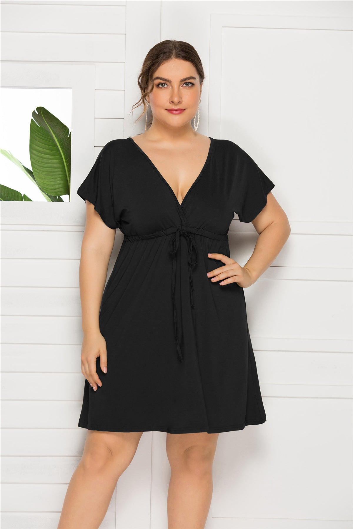 Plus Size Sexy Solid Color Sleeveless Deep V Plunge neck Elastic Waist Dress Women Dressing Gown