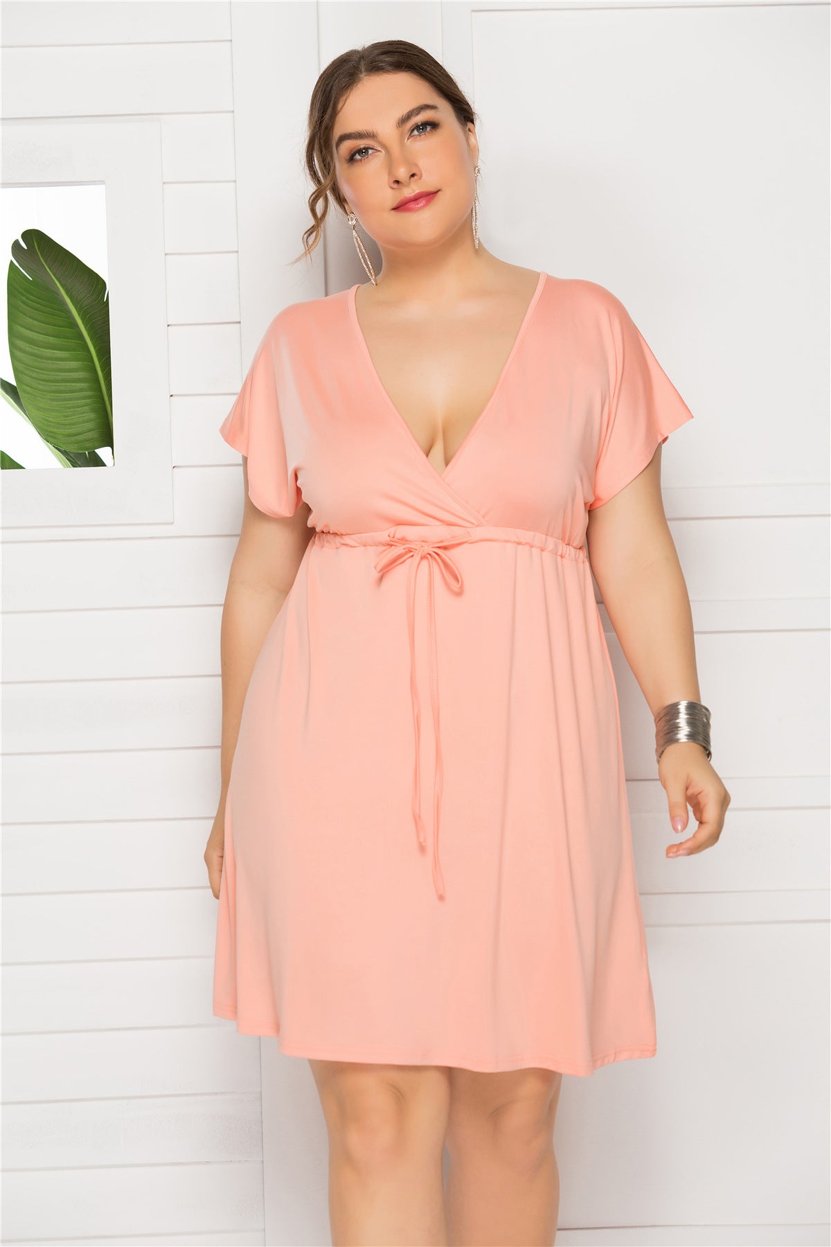 Plus Size Sexy Solid Color Sleeveless Deep V Plunge neck Elastic Waist Dress Women Dressing Gown