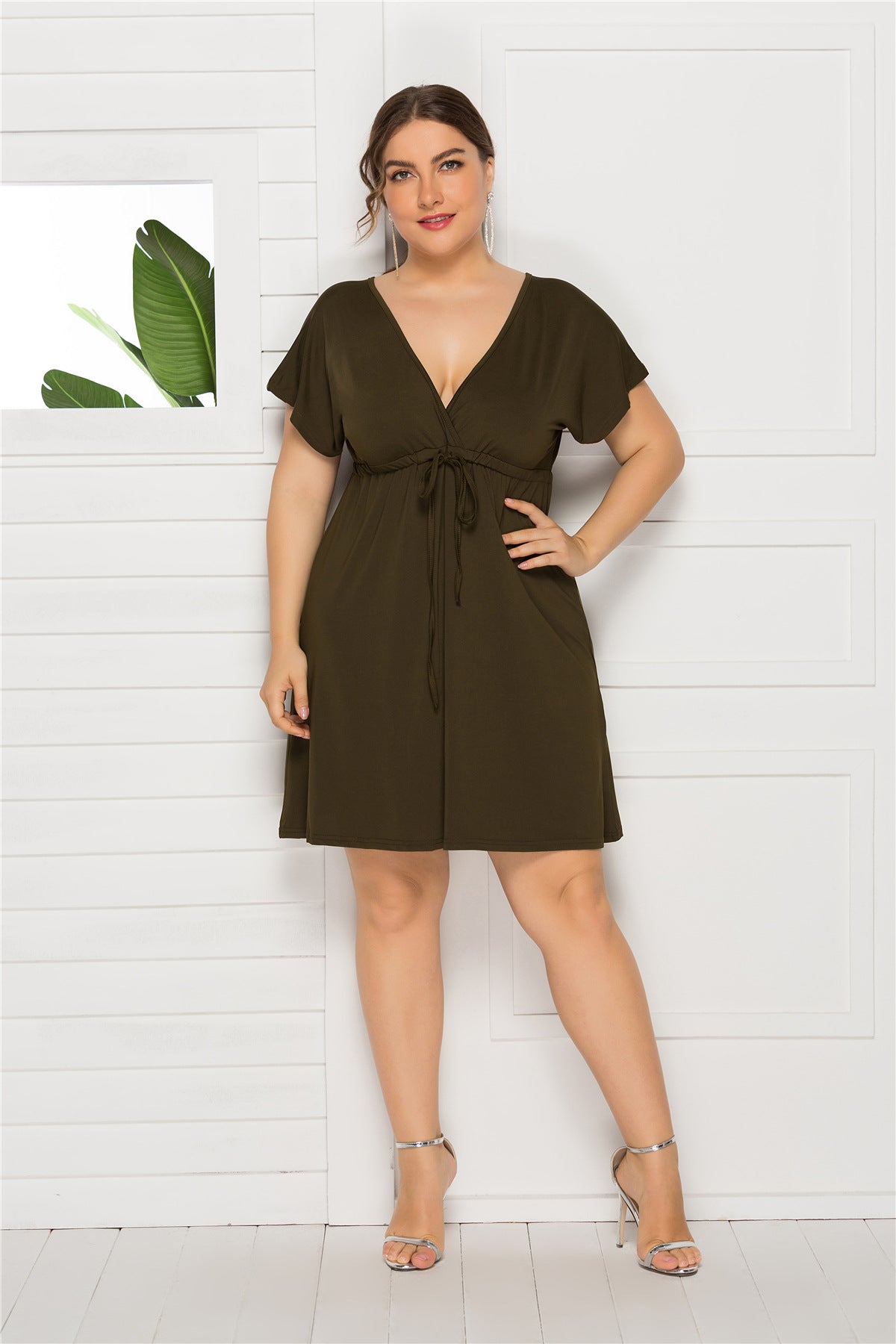 Plus Size Sexy Solid Color Sleeveless Deep V Plunge neck Elastic Waist Dress Women Dressing Gown