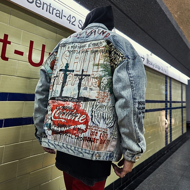 Graffiti painted old denim jacket coat