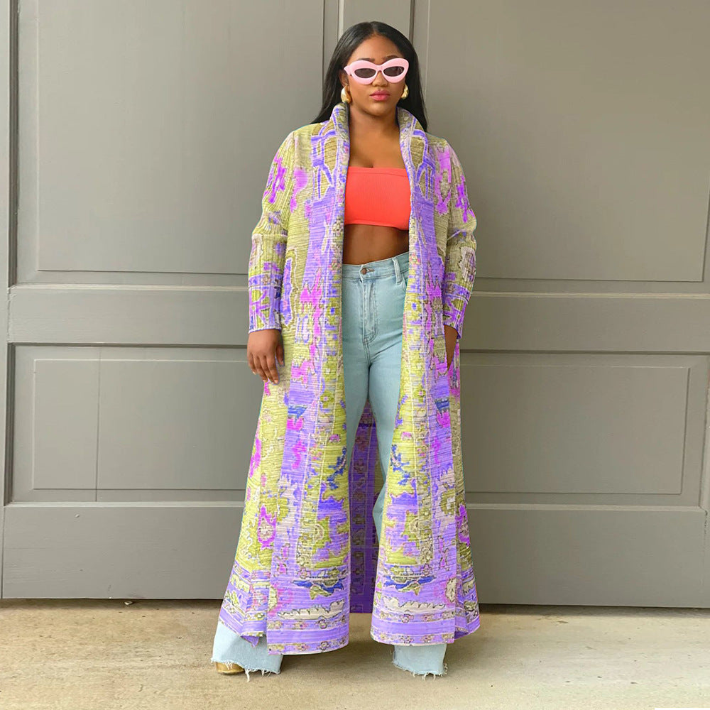 Popular Pleated Printed Trench Coat Long Coat Women