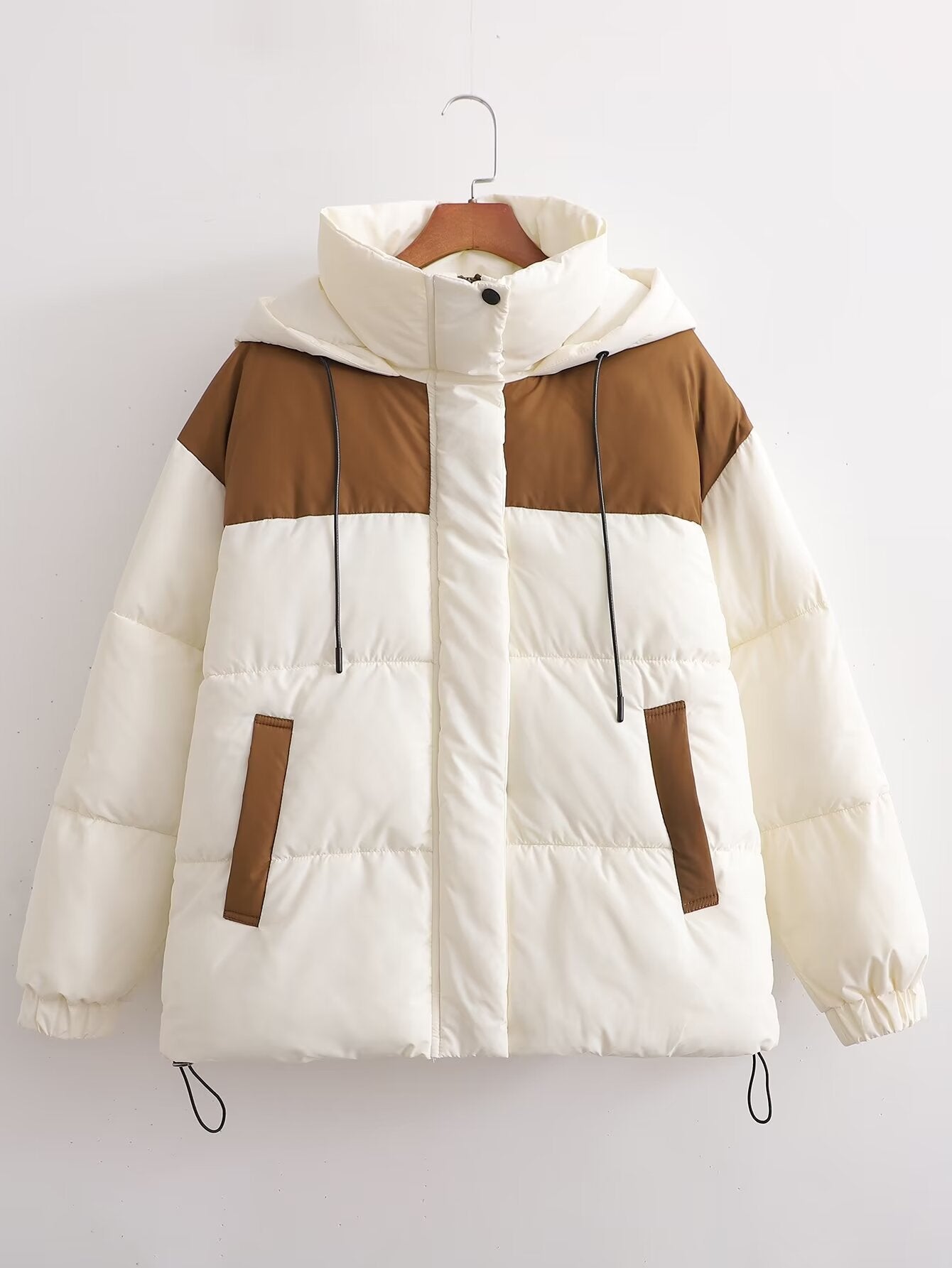 Women Clothing French Stitching Contrast Color Loose Casual Hooded Cotton Coat Jacket