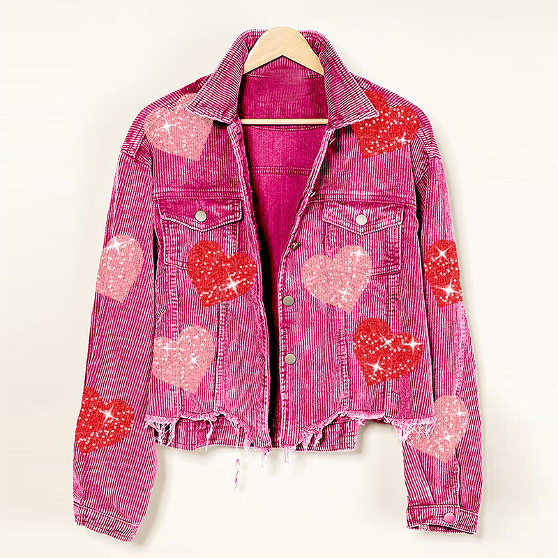 Autumn Winter Popular Valentine Day Love Sequined Jacket Frayed Corduroy Top Women Coat