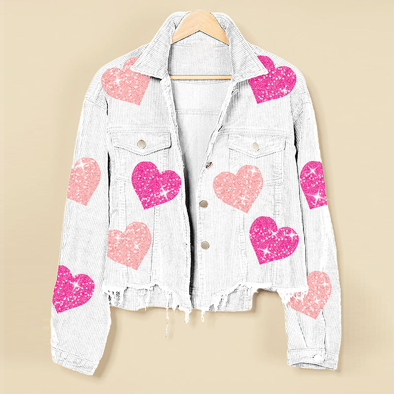 Autumn Winter Popular Valentine Day Love Sequined Jacket Frayed Corduroy Top Women Coat