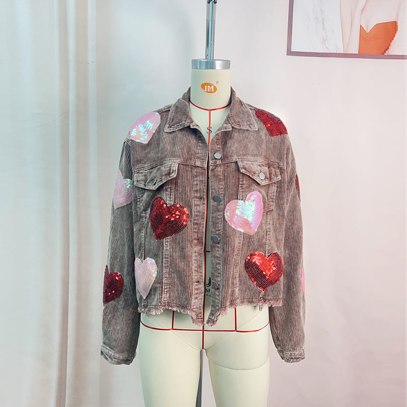 Autumn Winter Popular Valentine Day Love Sequined Jacket Frayed Corduroy Top Women Coat