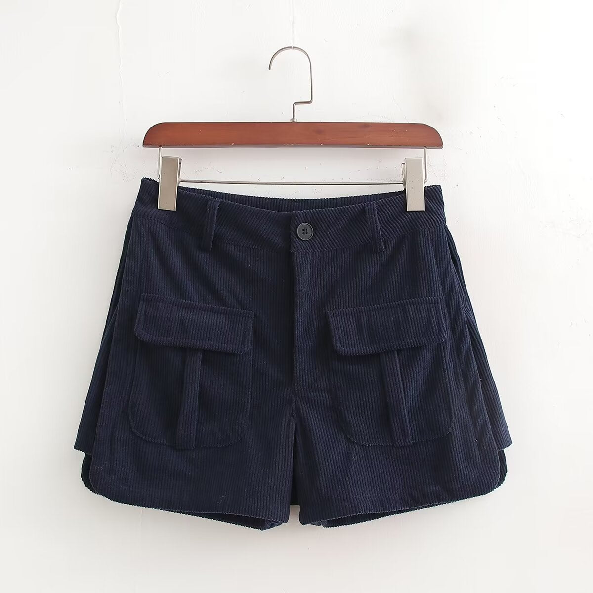 Women Clothing Autumn Winter All Match Double Pocket Casual Cargo Corduroy Shorts