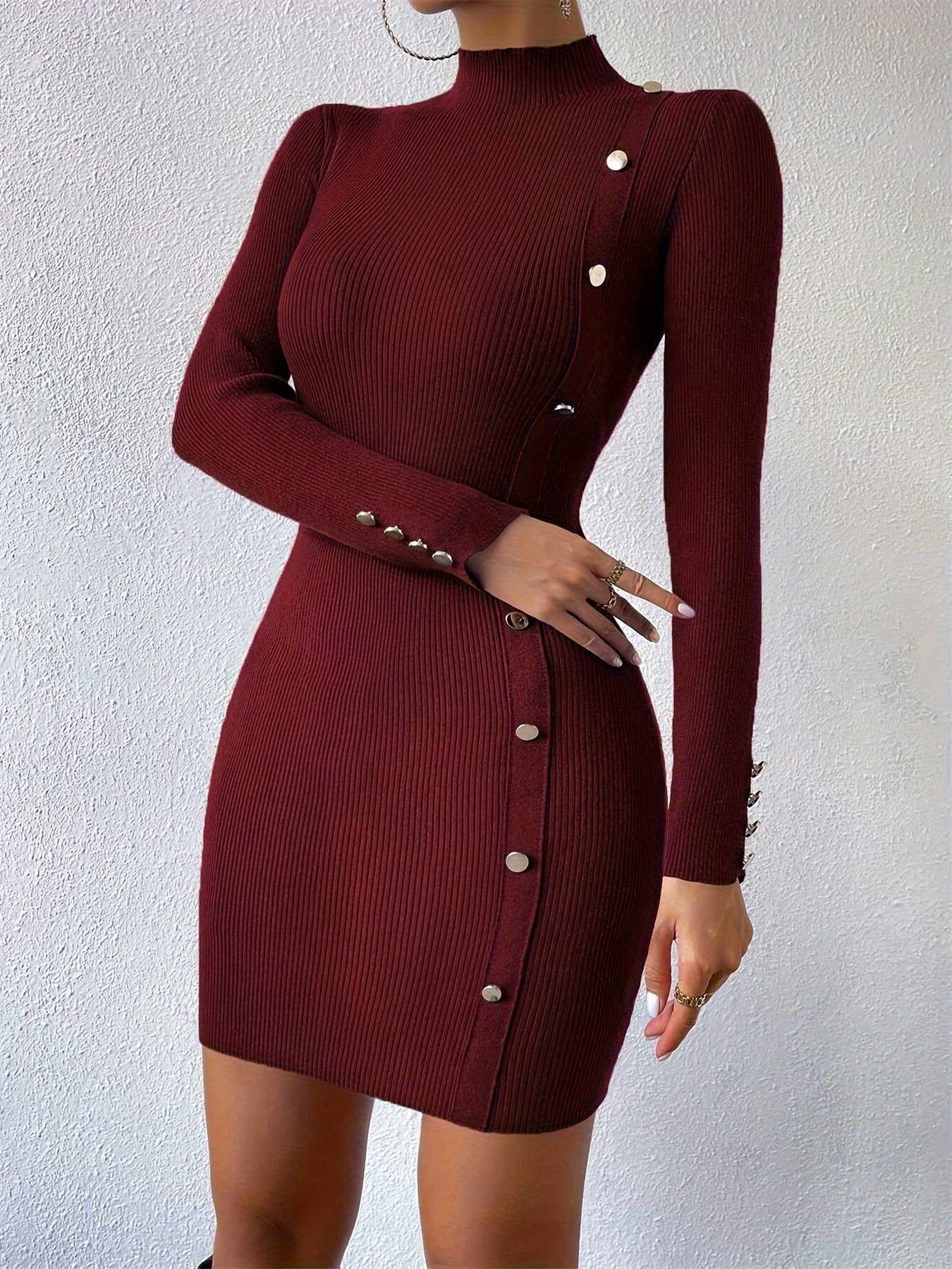 Women Spring Summer Casual Half High Collar Long Sleeves Button Hip