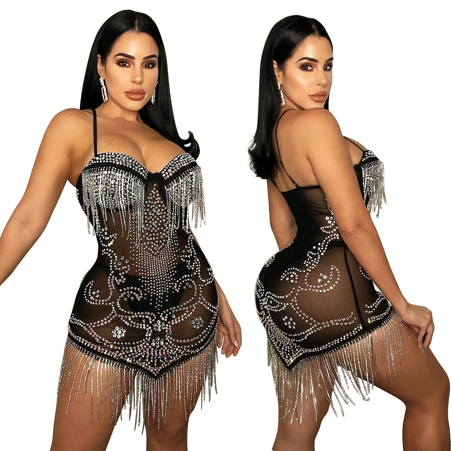 Mesh Hot Drill Sling Fringed Dress