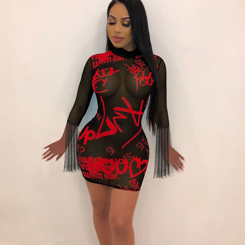 Sexy Tight-Fitting Mesh Fringed Dress