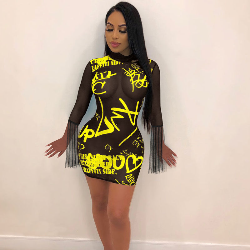 Sexy Tight-Fitting Mesh Fringed Dress