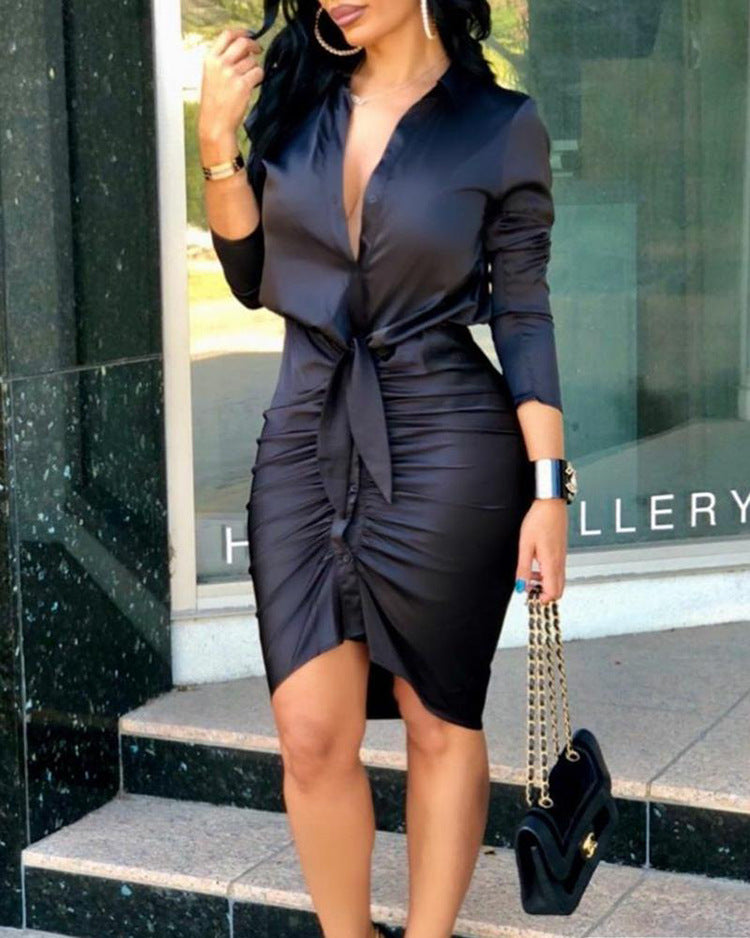 Lace-up Long Sleeve Midi Ruched Party Dress