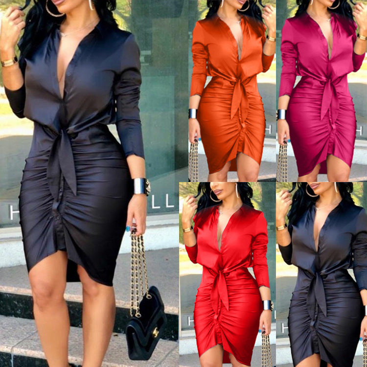 Lace-up Long Sleeve Midi Ruched Party Dress