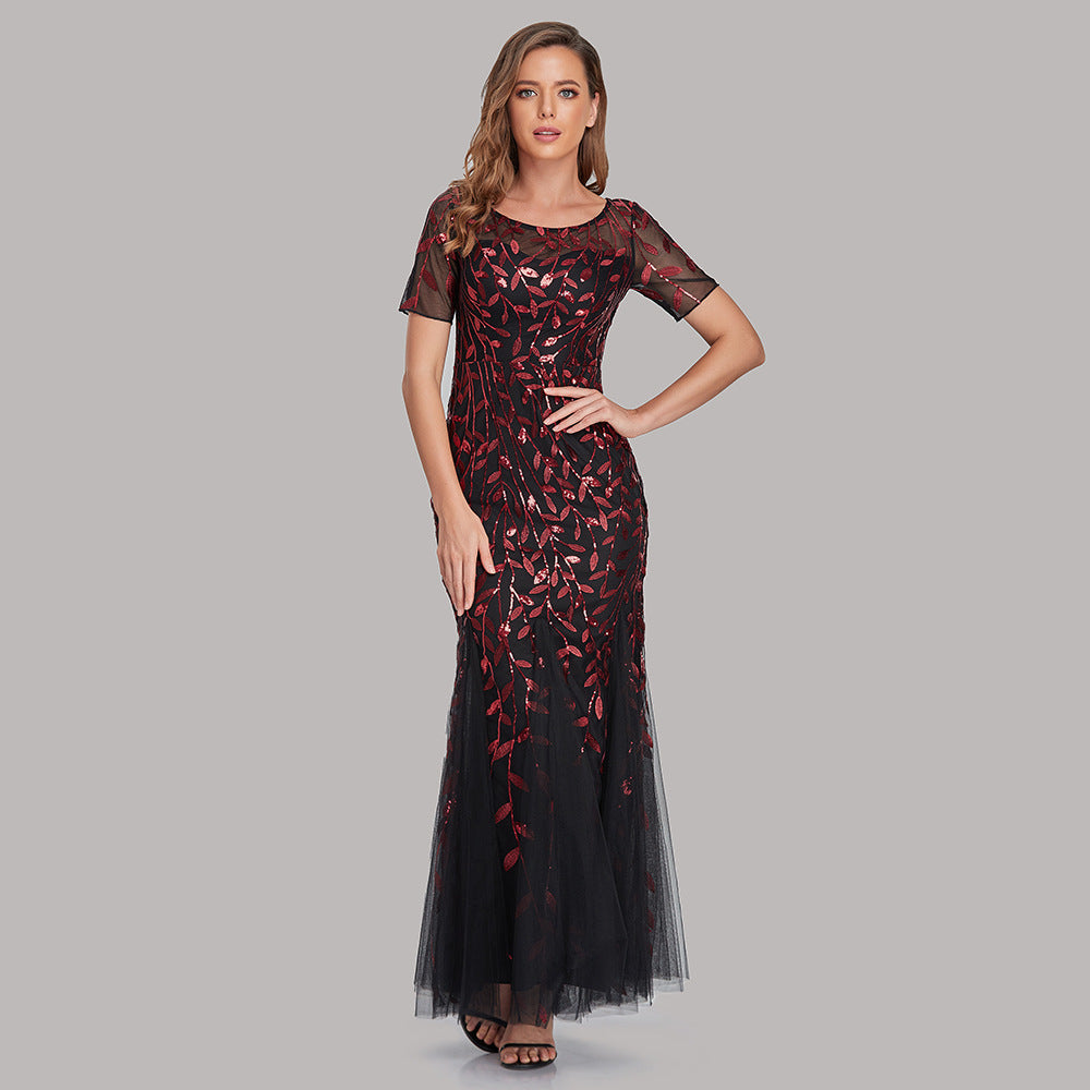 Embroidered Host Sequin Evening Dress