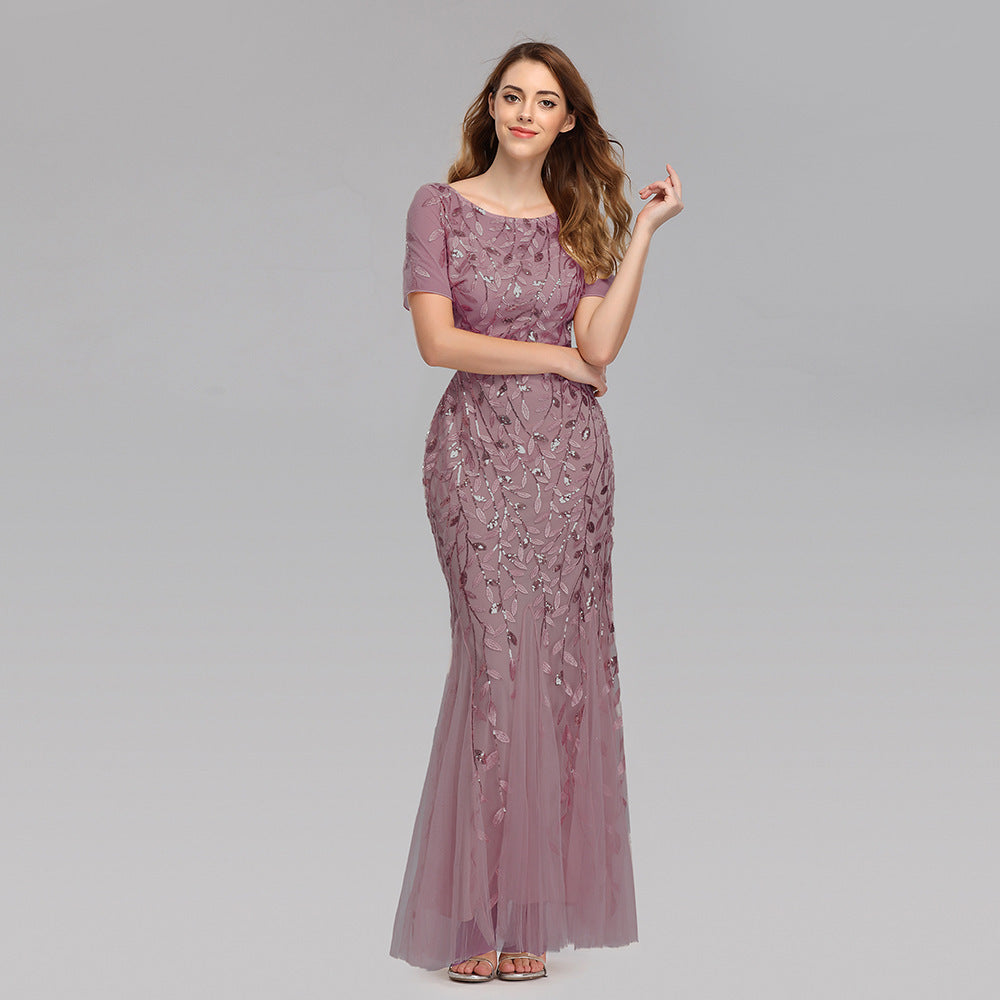 Embroidered Host Sequin Evening Dress