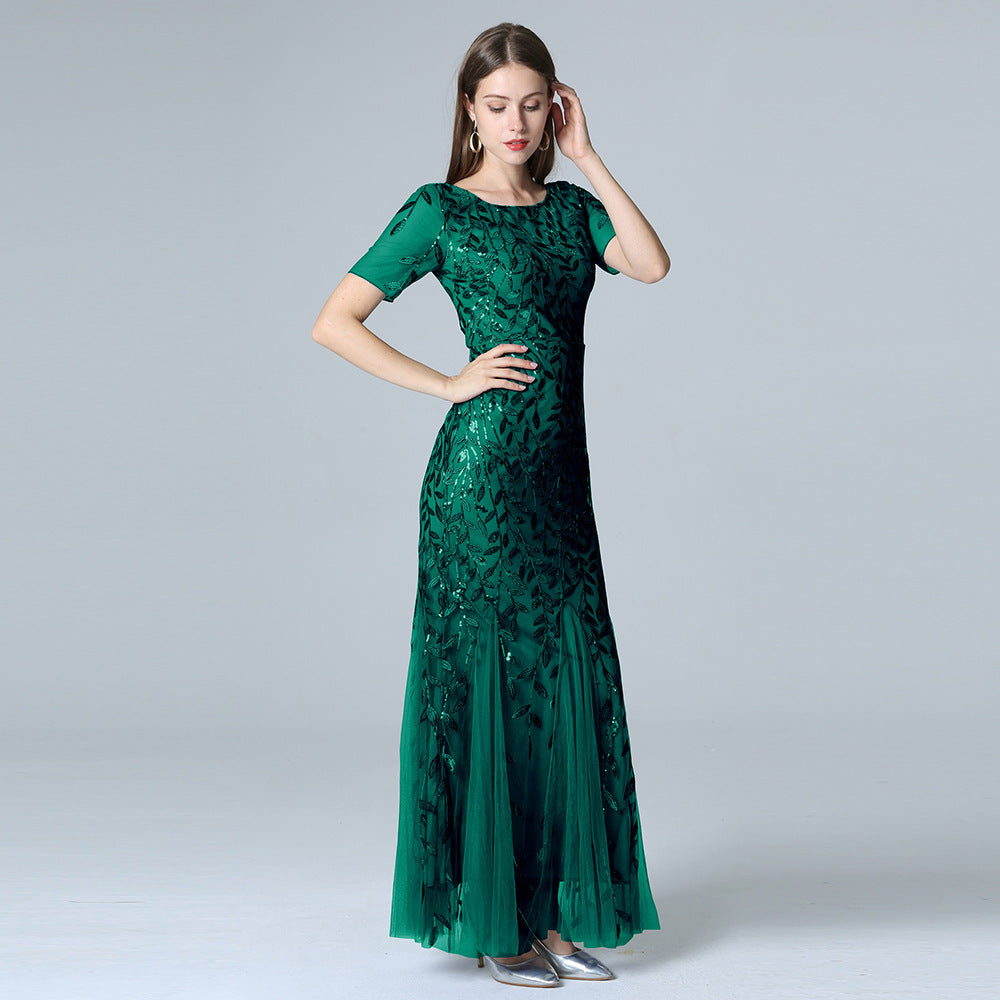 Embroidered Host Sequin Evening Dress