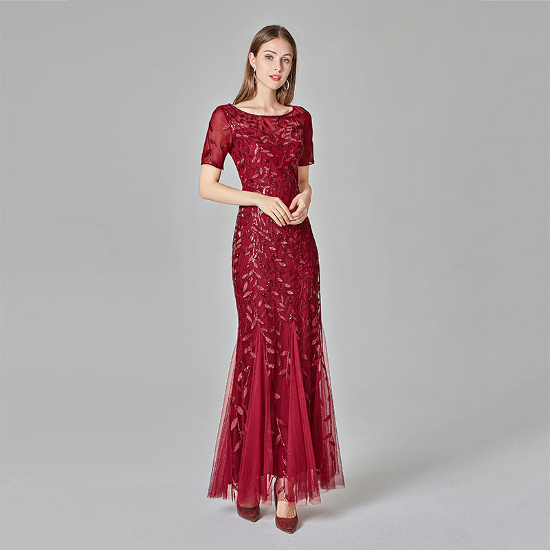 Embroidered Host Sequin Evening Dress