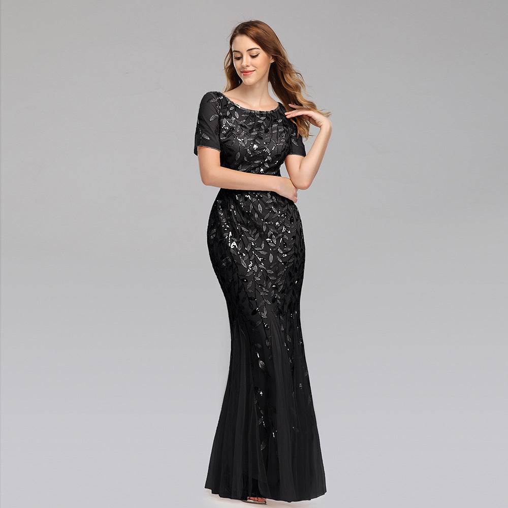 Embroidered Host Sequin Evening Dress