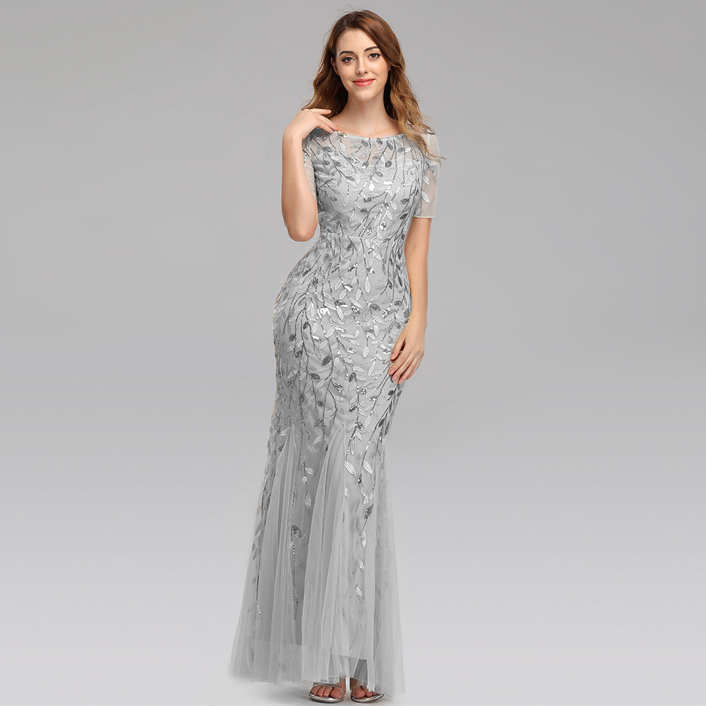 Embroidered Host Sequin Evening Dress