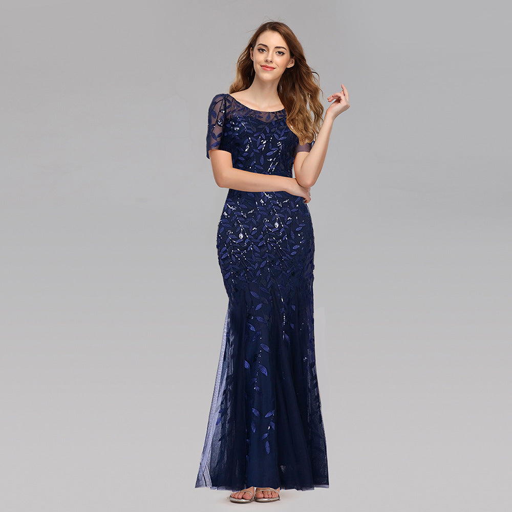 Embroidered Host Sequin Evening Dress
