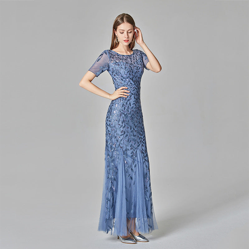Embroidered Host Sequin Evening Dress