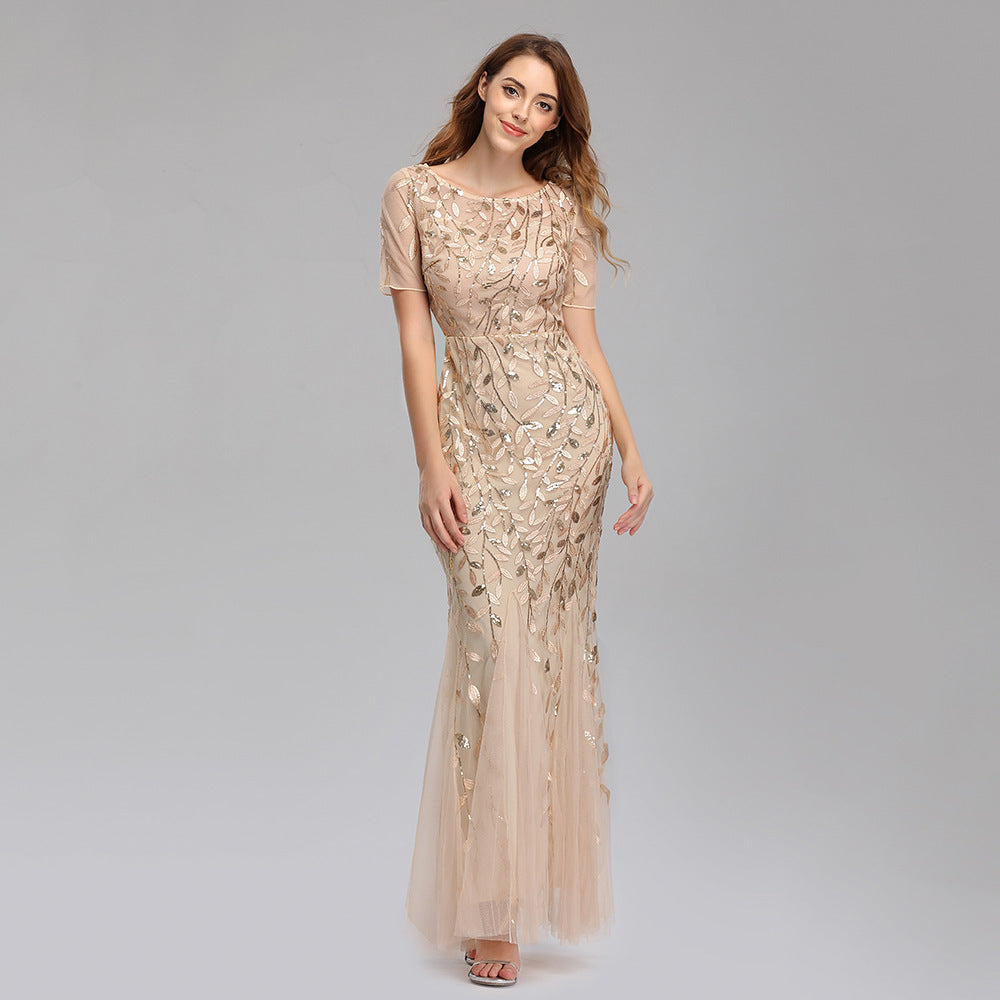 Embroidered Host Sequin Evening Dress