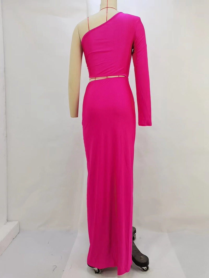 Oblique Shoulder Pleated Midriff Outfit Split Dress