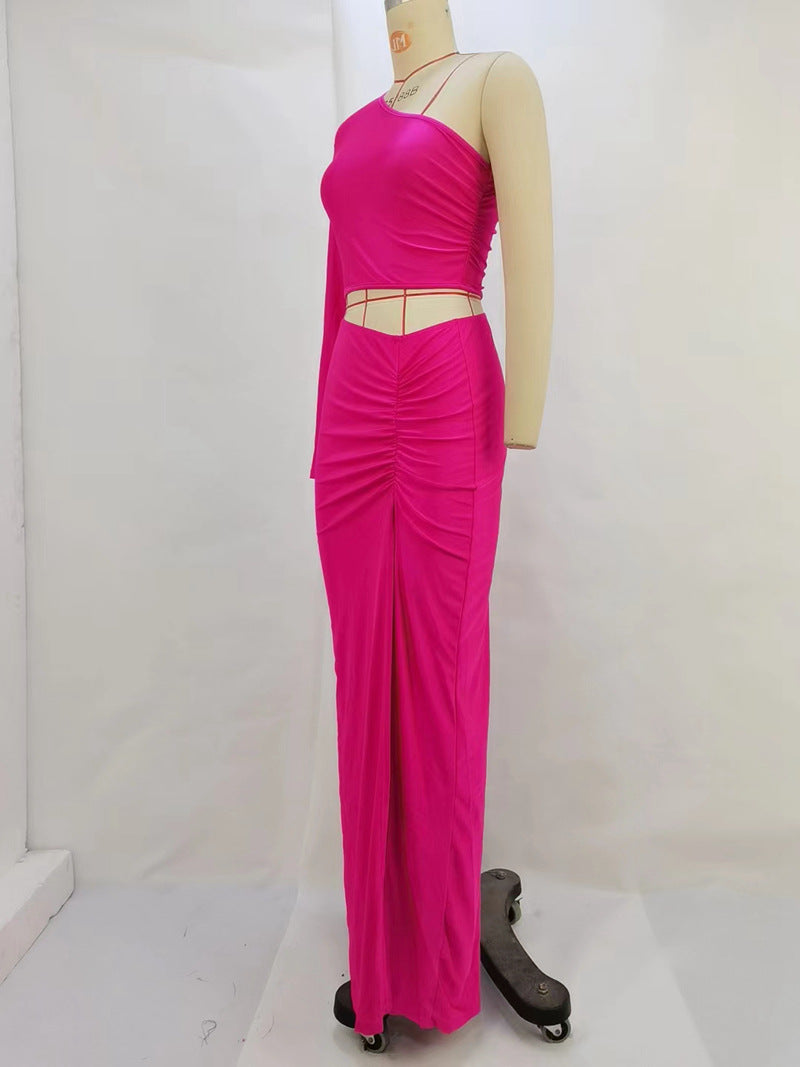 Oblique Shoulder Pleated Midriff Outfit Split Dress