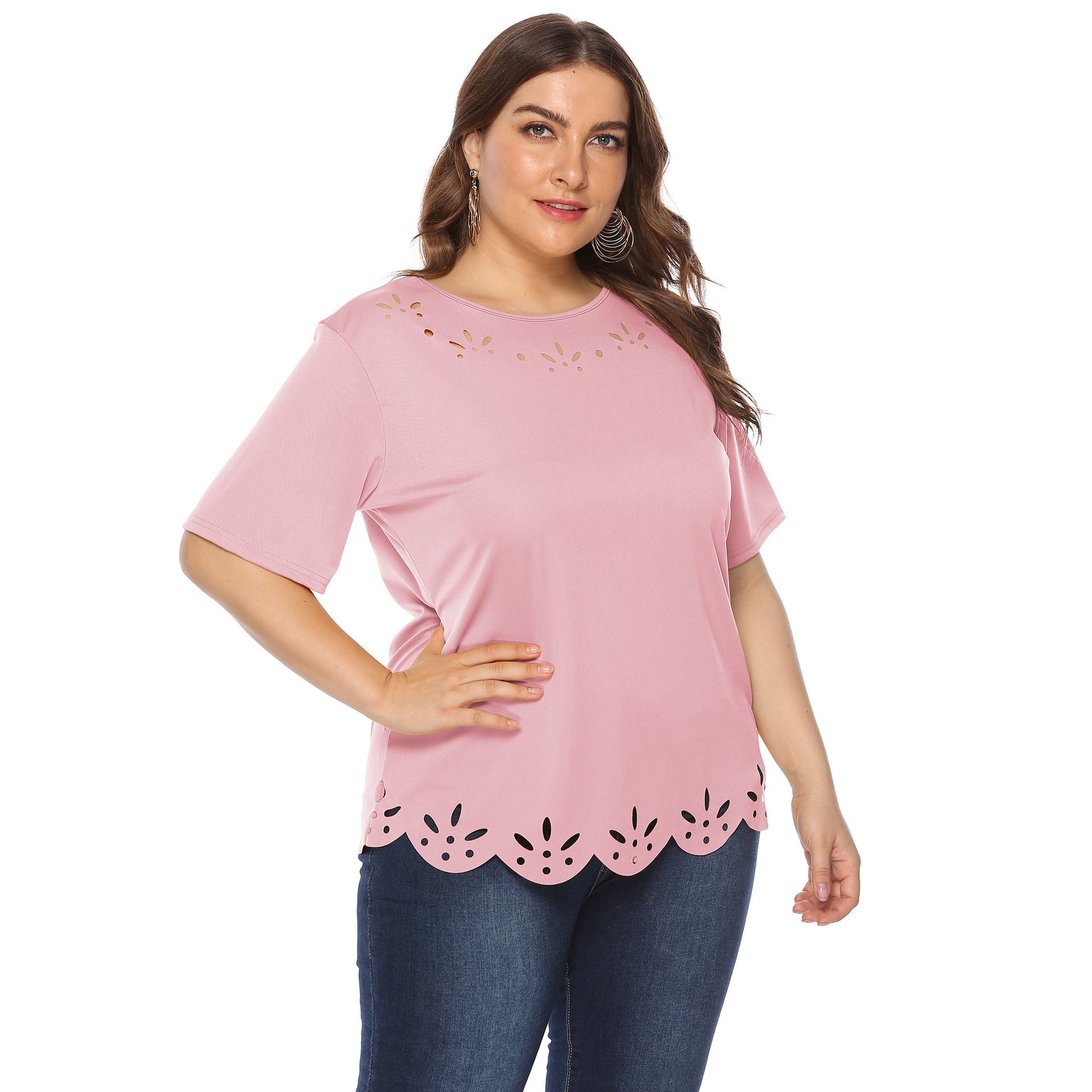 Plus Size Plus Size Women round Neck Short Sleeved Casual T-shirt Hollow out Burnt-out Solid Color Casual Top Female