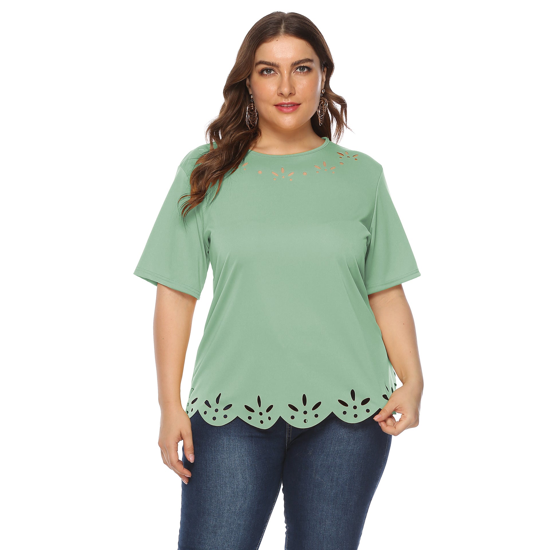 Plus Size Plus Size Women round Neck Short Sleeved Casual T-shirt Hollow out Burnt-out Solid Color Casual Top Female