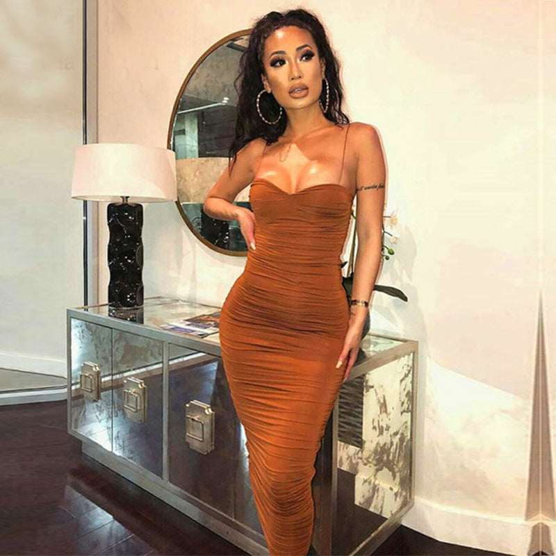 Bodycon long ruffled Long dress with suspenders