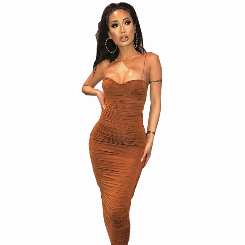 Bodycon long ruffled Long dress with suspenders