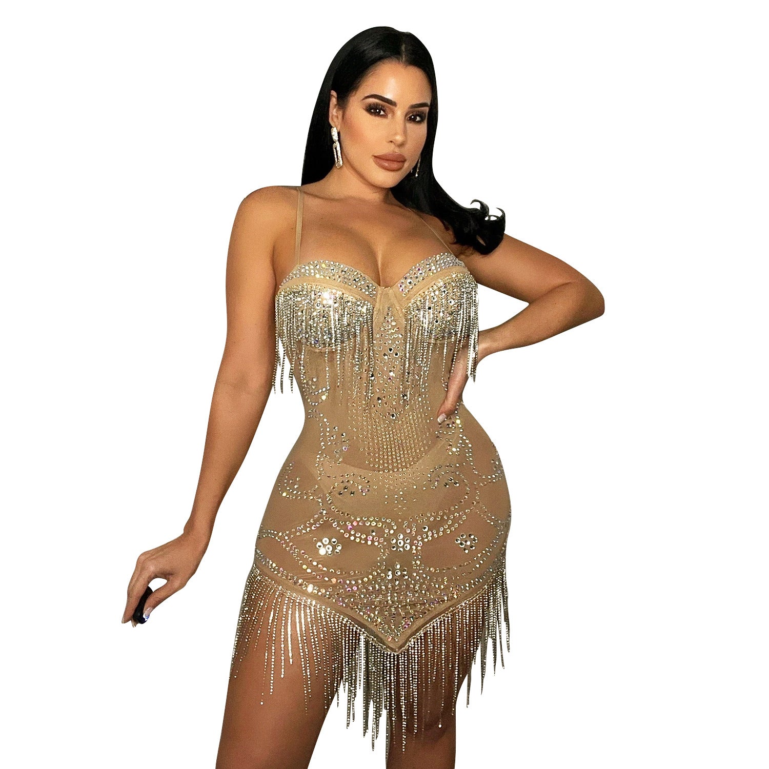 Mesh Hot Drill Sling Fringed Dress