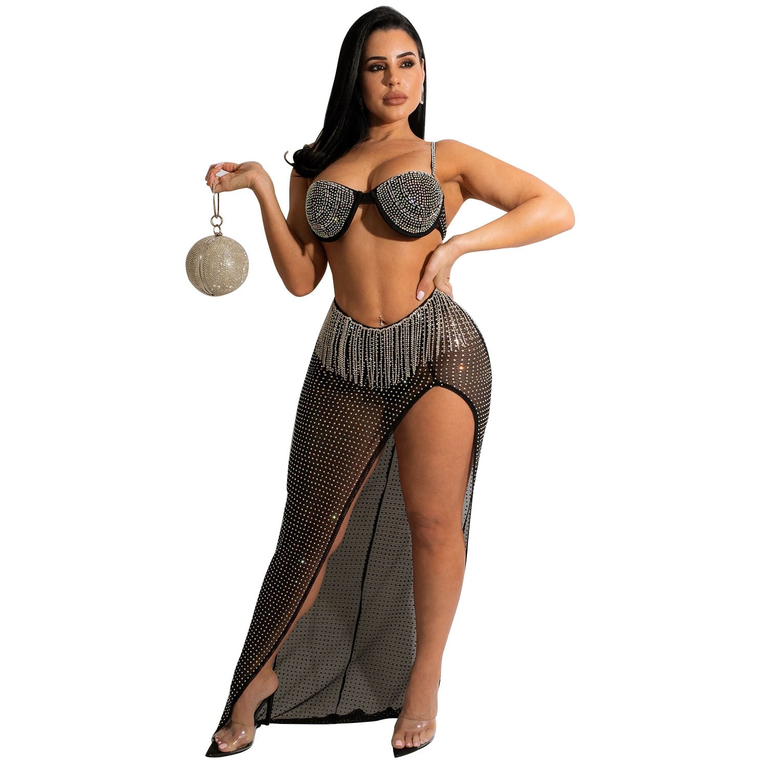 Women's Mesh Rhinestone Tassel Dress