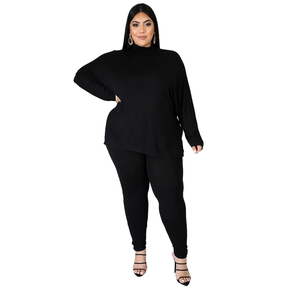 Plus Size Fall Winter Turtleneck Solid Color Split Long-Sleeved Trousers Women Casual Sports Suit