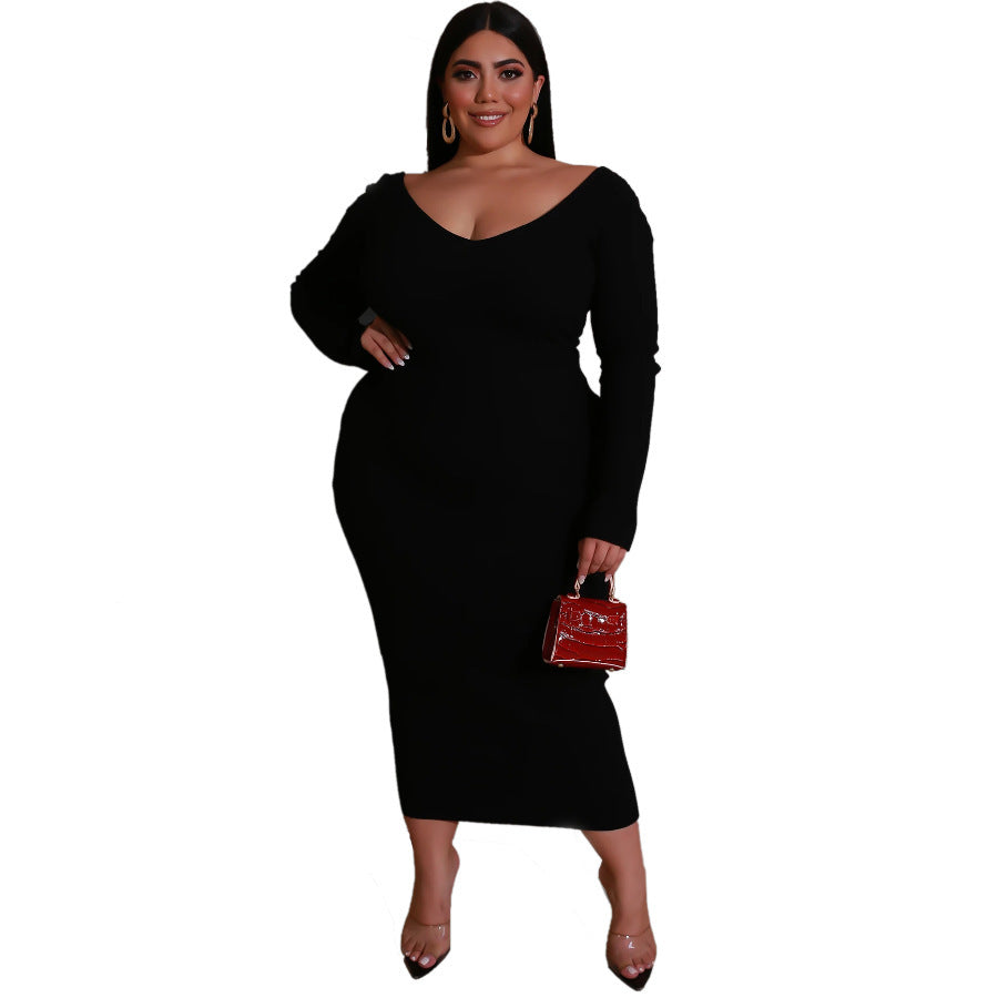 Plus Size Woman Women Dress V-neck Sunken Stripe Maxi Dress