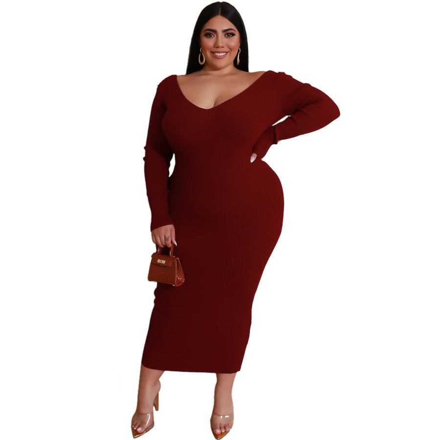 Plus Size Woman Women Dress V-neck Sunken Stripe Maxi Dress