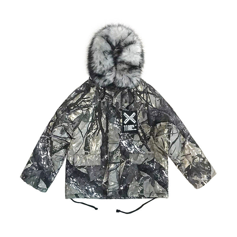 Big Fur Collar Camouflage Mountain Carving Cotton Jacket Cotton Coat