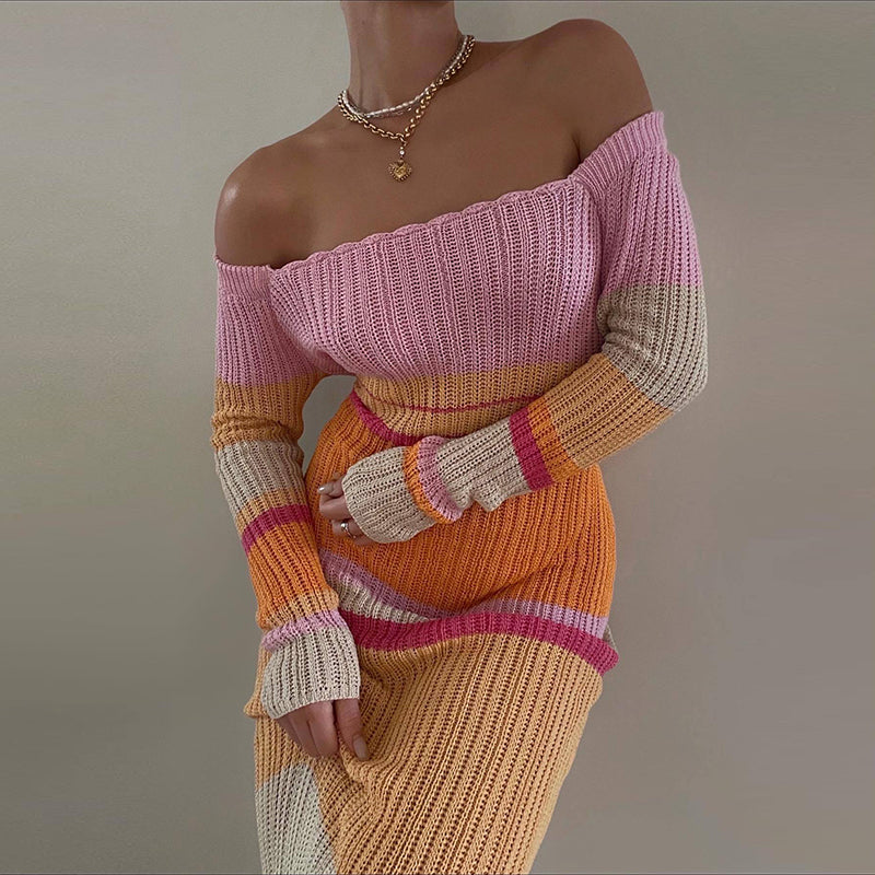 Long Sleeve Knitted Striped Dress