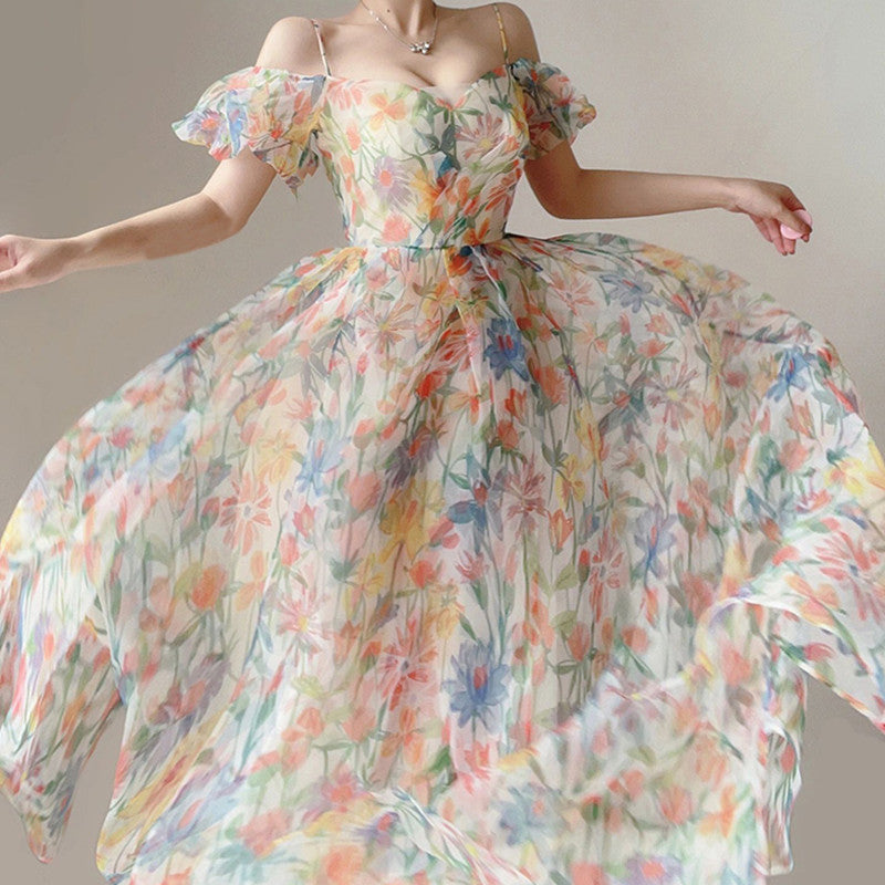 Floral Sling Holiday Puff Sleeve Dress