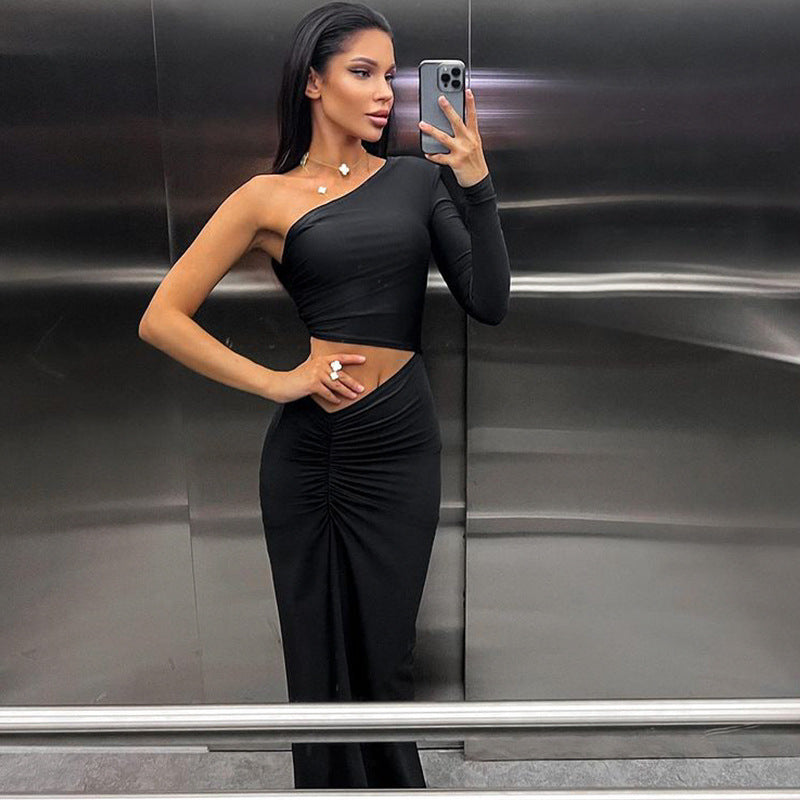 Oblique Shoulder Pleated Midriff Outfit Split Dress