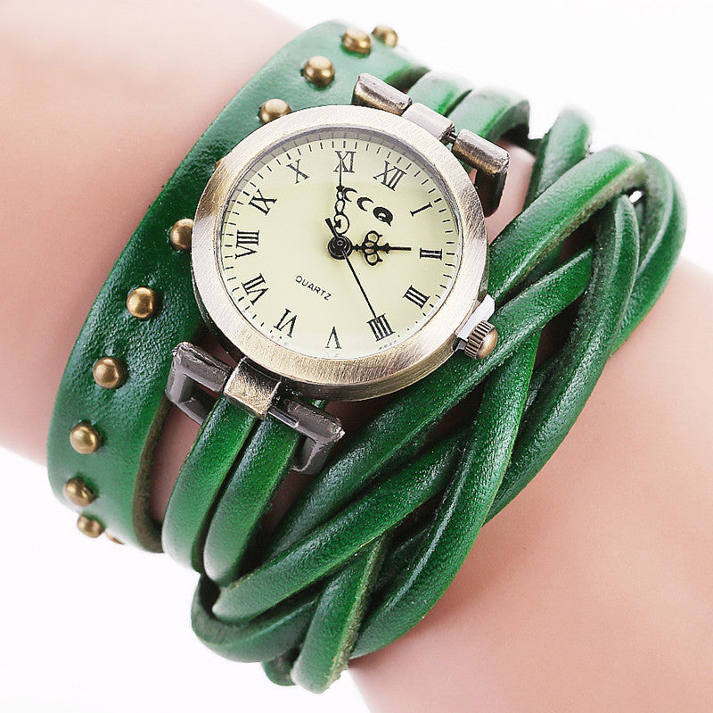 Cowhide Dough-twist Style Plaits Retro Rivet Wrist Watch
