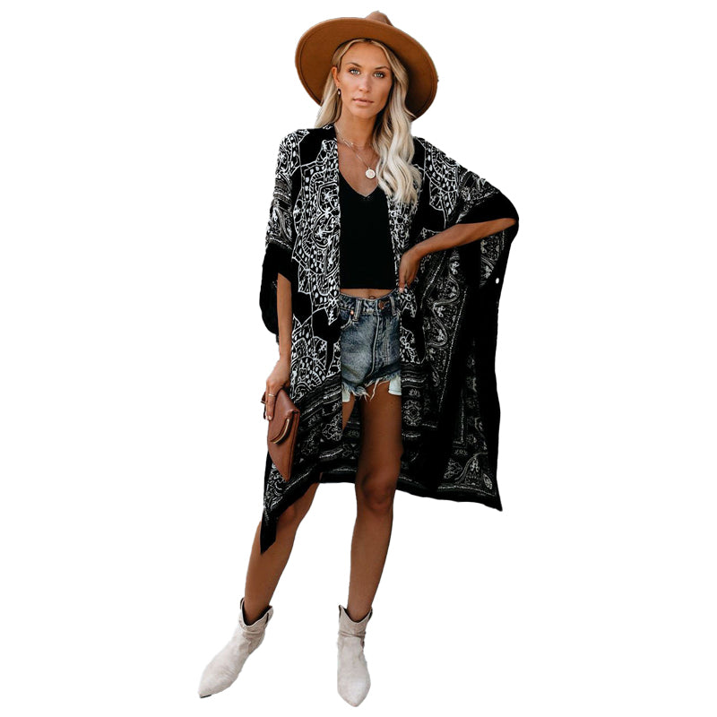 Printed Casual Mid-length Fringe Blouse Women's Cardigan Jacket