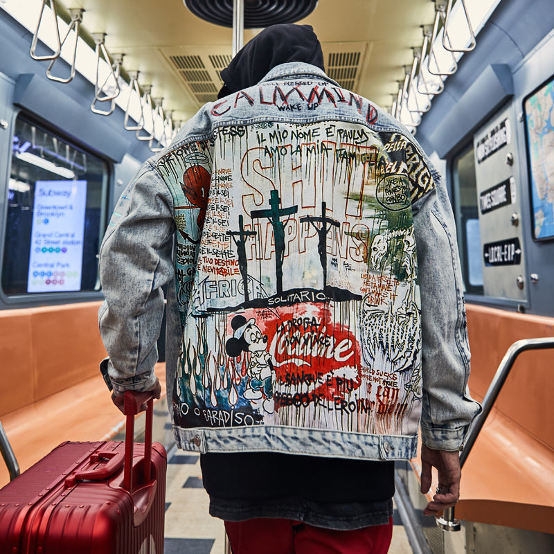 Graffiti painted old denim jacket coat