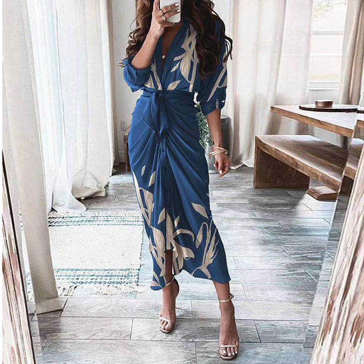 Long V-neck Polyester Lace Slit Dress